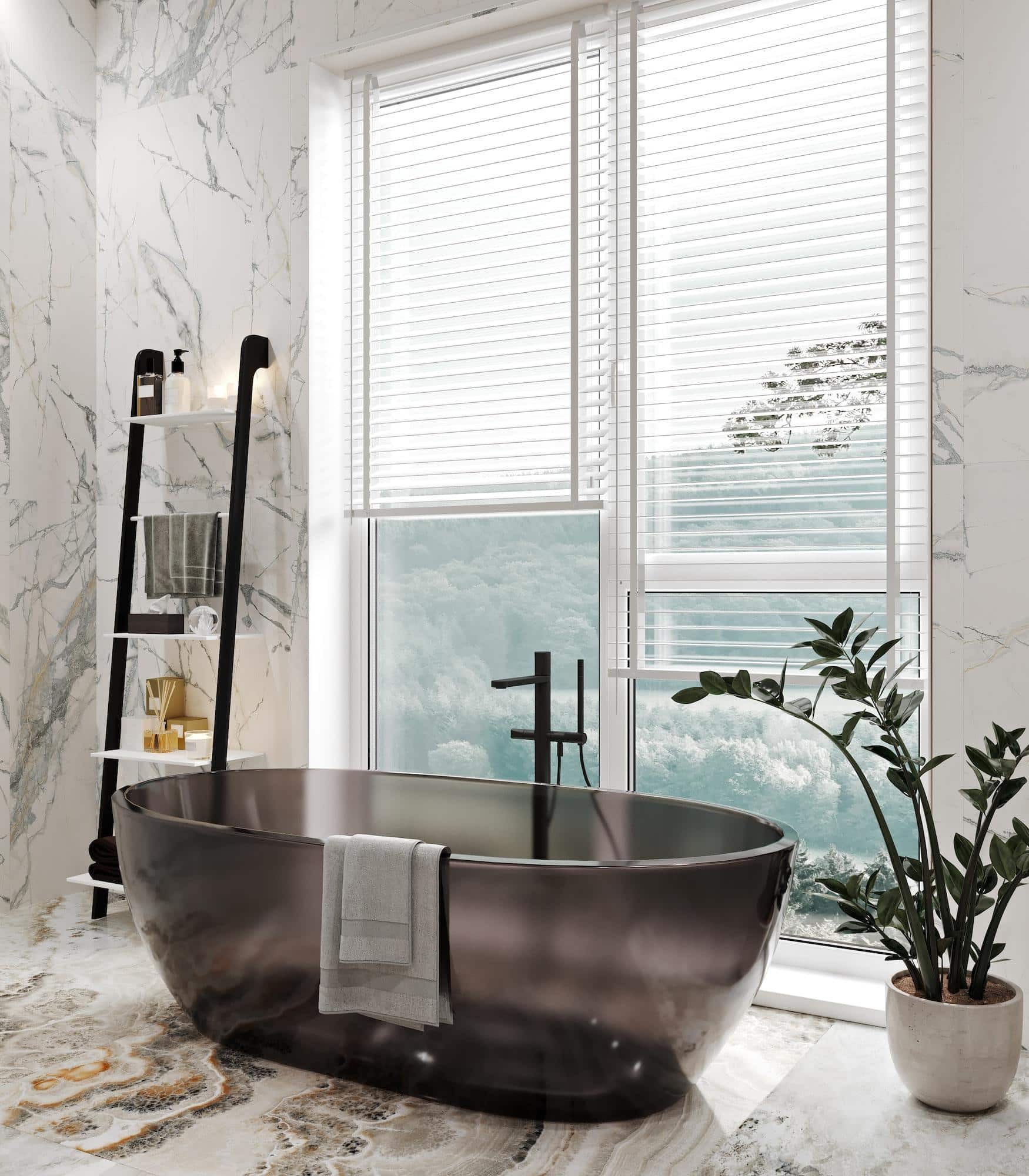 Luxury modern home bathroom interior with glass bathtub, shelf, plant and window